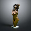 Bronze Woman Sculpture with Long Hair and Elegant Pose on White Marble Pedestal