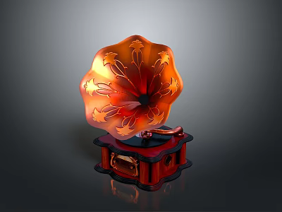Vintage Gramophone With Orange Floral Horn And Wooden Base Design 3d model