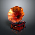 Vintage Gramophone With Orange Floral Horn And Wooden Base Design