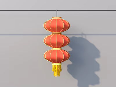 Red Three Stacked Lanterns With Yellow Tassels Hanging On String Against Gray Background 3d model