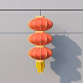 Red Three Stacked Lanterns With Yellow Tassels Hanging On String Against Gray Background 3d model