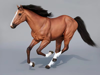Brown Horse Running With Flowing Mane And Tail On Gray Background 3d model
