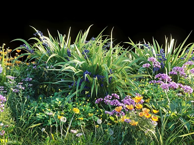 Vibrant Mixed Flowers With Purple Yellow Blooms And Lush Green Grass In Garden Bed 3d model