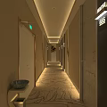 Hotel Corridor Interior With Warm Lighting Patterned Carpet Room Doors And Wall Art 3d model
