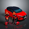 Red Car with Black Roof Two Cartoon Characters in Black Outfits Standing Beside Red Helmets