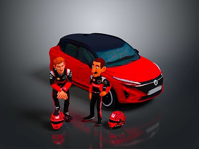 Red Car with Black Roof Two Cartoon Characters in Black Outfits Standing Beside Red Helmets 3d model