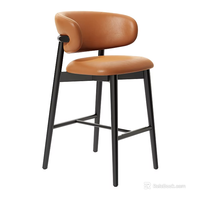 Modern Minimalist Bar Stool With Brown Leather Seat And Black Metal Frame 3d model 