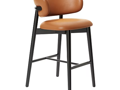 Modern Minimalist Bar Stool With Brown Leather Seat And Black Metal Frame 3d model