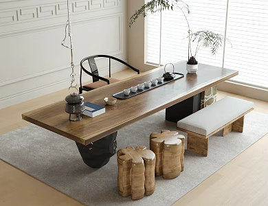 Modern Tea Table and Chair Large Board Table Tea Set Stool 3d model