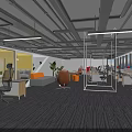 Modern Public Office Space With Open Layout Work Desks Sofas Plants And Yellow Walls 3d model