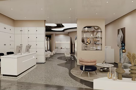 Modern Barber Shop Hairdressing Shop Nail Care Area Barber Mirror Barber Chair Cashier Front Desk Barber Store Locker 3d model