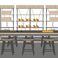 Modern Wooden Dining Table With Metal Frame Stools And Shelving Unit With Yellow Decor