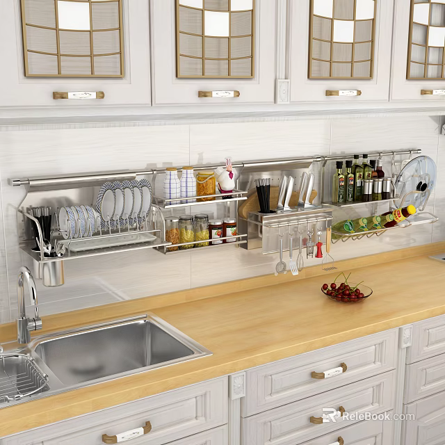 Practical Kitchen Interior With Wall Cabinets Stainless Steel Shelf Dishes Storage Spice Bottles And Countertop 3d model 