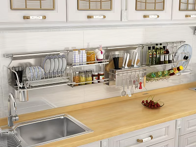 Practical Kitchen Interior With Wall Cabinets Stainless Steel Shelf Dishes Storage Spice Bottles And Countertop 3d model