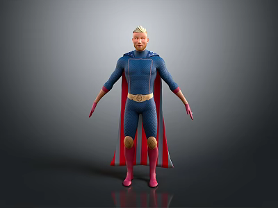 Game And Movie Superhero Character In Blue Bodysuit Red Cape And Golden Belt 3d model
