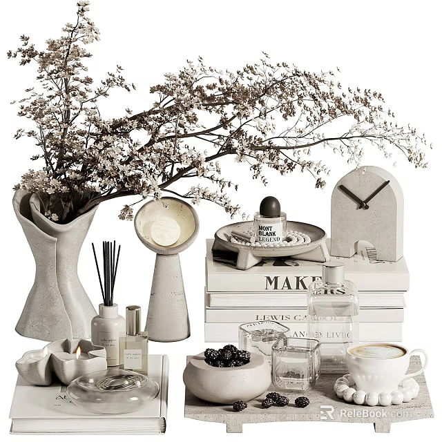 Stylish Decorative Ornament Set With Vase Branches Lamp Aromatherapy Books Clock Teacup And Berries 3d model 