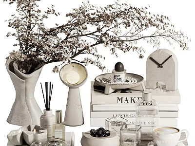 Stylish Decorative Ornament Set With Vase Branches Lamp Aromatherapy Books Clock Teacup And Berries 3d model