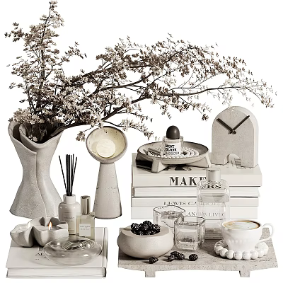 Stylish Decorative Ornament Set With Vase Branches Lamp Aromatherapy Books Clock Teacup And Berries 3d model