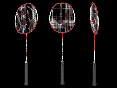 Three Professional Badminton Rackets with Red Black Frame Durable Strings and Comfortable Grips 3d model