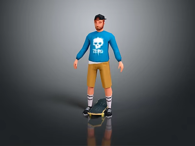 Game Character In Black Cap Blue Skull Shirt Brown Shorts White Socks On Skateboard 3d model