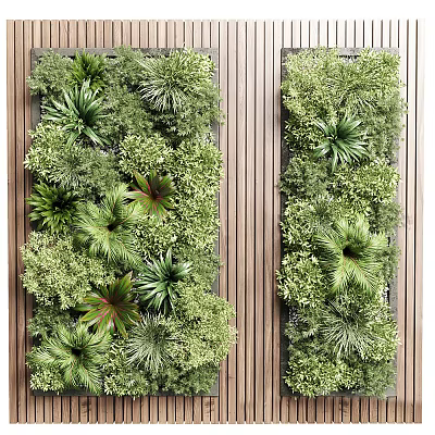 Living Plant Wall With Diverse Green Plants Lush Foliage And Wooden Frame For Indoor Decoration 3d model