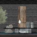 Natural Style Feature Wall Design With Wooden Panel Water Flow Green Plants And Stones