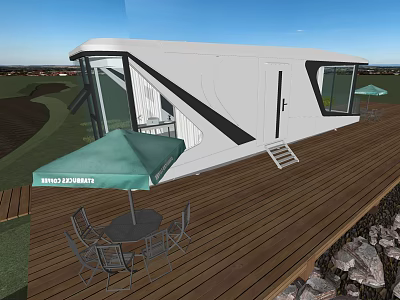 Modern Guesthouse Building With Wooden Deck Outdoor Table Chairs And Natural View 3d model