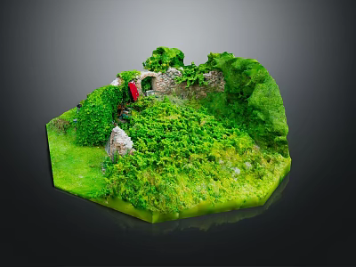 Green Plants Covering Stone Wall In Miniature Landscape Model With Grass And Ivy 3d model