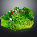 Green Plants Covering Stone Wall In Miniature Landscape Model With Grass And Ivy