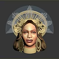 Woman In Golden Headdress With Rose Decorations Mesh Details And Golden Collar On Gray Background