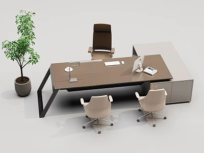 Modern Office Desk with Ergonomic Chairs Computer Monitor and Potted Plant 3d model