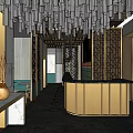 Modern Restaurant Exterior With Teal And Gold Geometric Wall Patterns Glass Doors And Chandeliers