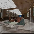Modern Sales Office Interior Design With Wooden Decor Ceiling Lights Sofas Bookshelves And Windows