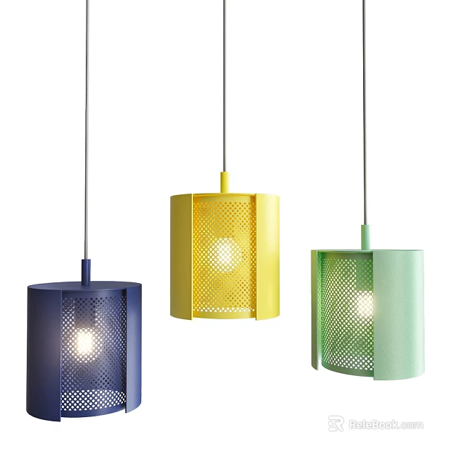 Three Colored Cylindrical Pendant Lights With Perforated Mesh Design And Illuminated Bulbs 3d model 
