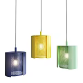 Three Colored Cylindrical Pendant Lights With Perforated Mesh Design And Illuminated Bulbs