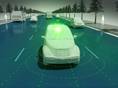 Autonomous Car With Laser Sensors And Radar Driving On Road With Other Vehicles And Pedestrians 3d model