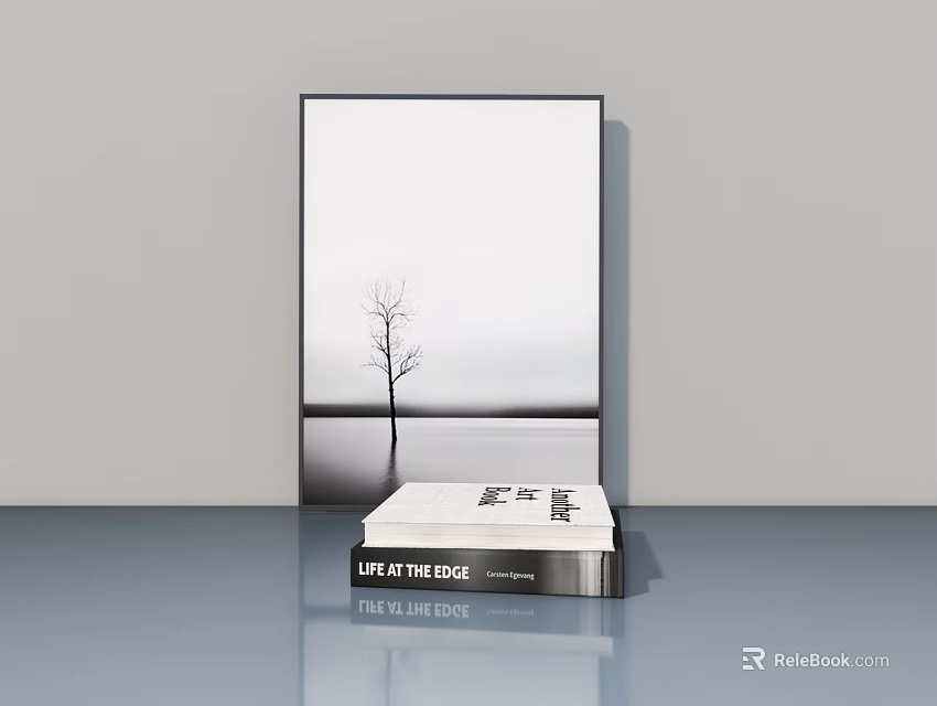 Stylish Flush Door Design With Monochrome Tree Painting And Stacked Books 3d model 