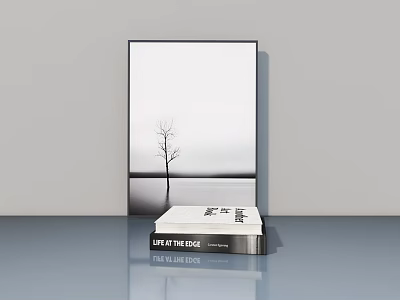 Stylish Flush Door Design With Monochrome Tree Painting And Stacked Books 3d model