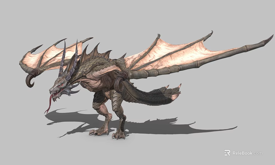 Mythical Fantasy Dragon 3D Model with Leathery Wings Spikes and Extended Tongue 3d model 