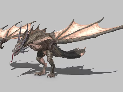 Mythical Fantasy Dragon 3D Model with Leathery Wings Spikes and Extended Tongue 3d model