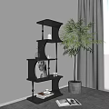 Black Modern Shelving Unit With Decorative Items Green Plant Gray Planter And White Wall
