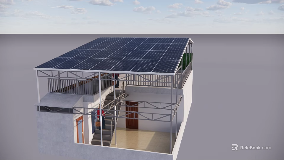 Outdoor Solar Canopy with Metal Frame Installed on Building Roof for Sun Protection 3d model 
