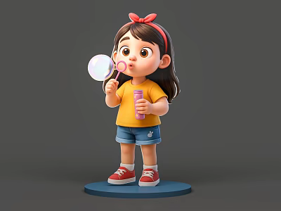 Little Girl With Red Bow Blowing Bubbles In Yellow Shirt Blue Shorts And Red Shoes 3d model