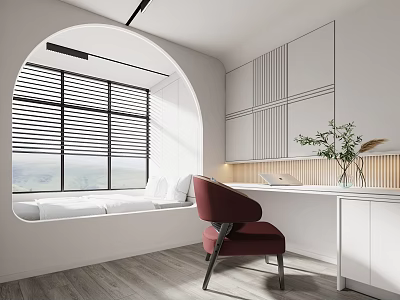 Modern Tatami Bedroom Interior With Arched Window Blinds Tatami Bed Red Chair And Desk 3d model