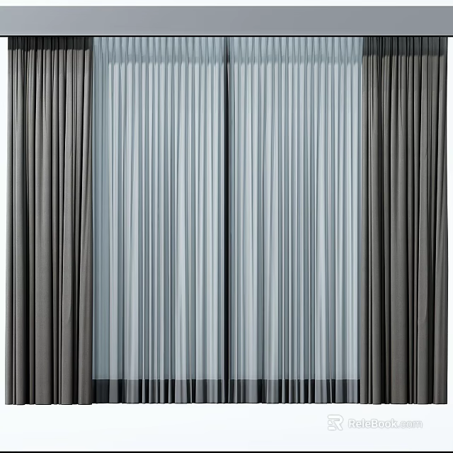 Modern Gray Curtains With Sheer Layers And Solid Drapes For Window Decor 3d model