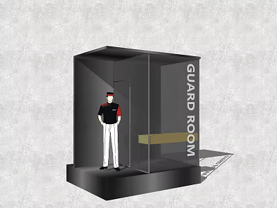 Modern Glass Enclosed Guard Room With Security Guard Standing Inside 3d model