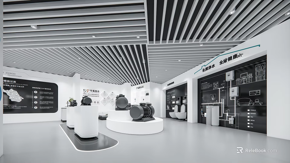 Modern Exhibition Hall with Striped Ceiling Wall Charts Display Platforms and Black Equipment 3d model 