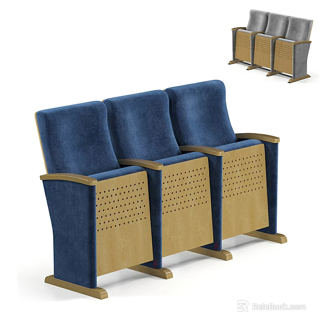 Modern Set of Three Blue Armchairs With Upholstered Seats And Perforated Wooden Frames 3d model 