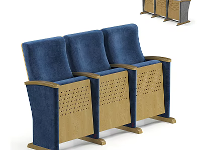 Modern Set of Three Blue Armchairs With Upholstered Seats And Perforated Wooden Frames 3d model