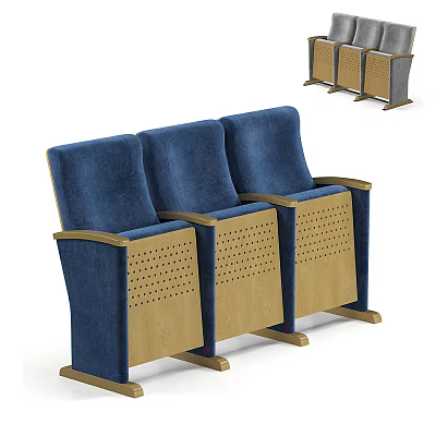 Modern Set of Three Blue Armchairs With Upholstered Seats And Perforated Wooden Frames 3d model